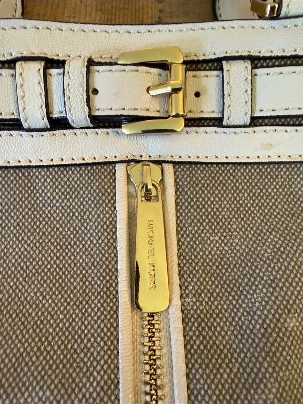 Michael Kors Beige Canvas Shoulder Bag with White Leather Trim